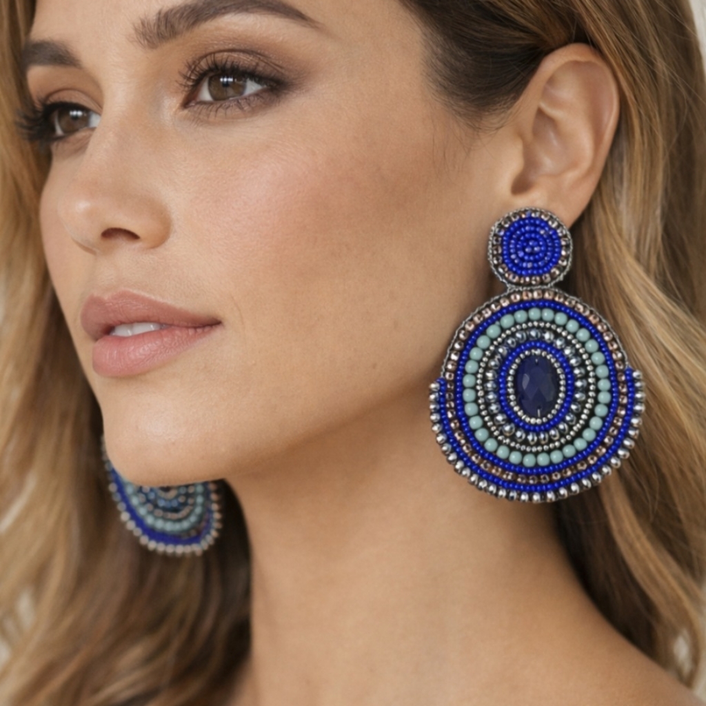 Kay Lee Blue Beaded Circle Earrings New